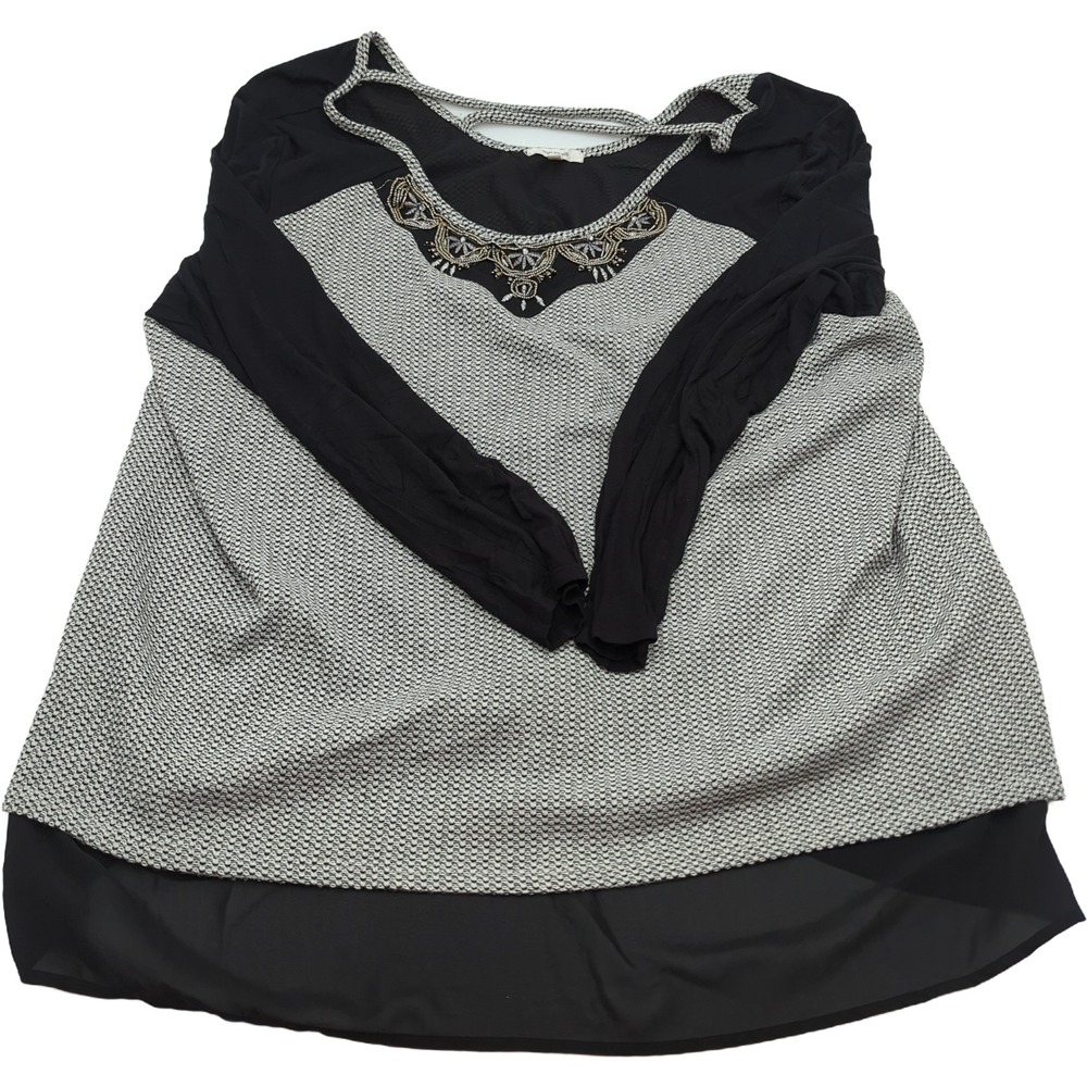 Maurices Beaded Neck Strappy Back Mixed Media Layered Top Grey Black Size 2